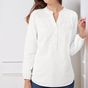Talbots White Smocked Popover Swiss Dot Blouse